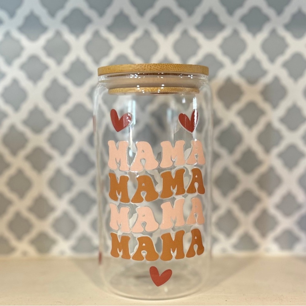 Mama 16oz glass tumbler with lid and straw